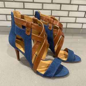 Nine West Brown Leather and Blue Denim Sandal Heels Size 6.5
